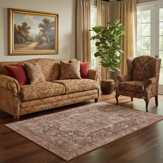 Burgundy Ivory And Gold Oriental Washable Area Rug With UV Protection Photo 2