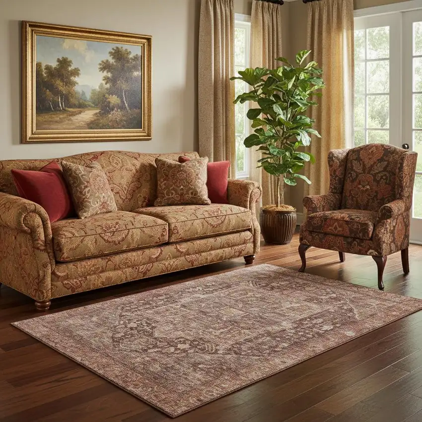 Burgundy Ivory And Gold Oriental Washable Area Rug With UV Protection Photo 2