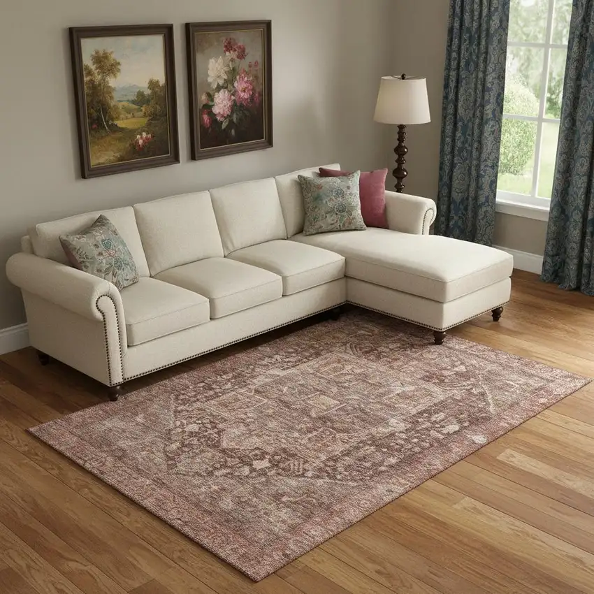 Burgundy Ivory And Gold Oriental Washable Area Rug With UV Protection Photo 2