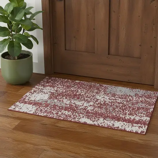 Burgundy Ivory And Gray Abstract Washable Area Rug With UV Protection Photo 1