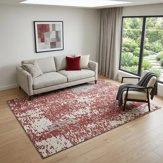 Burgundy Ivory And Gray Abstract Washable Area Rug With UV Protection Photo 1