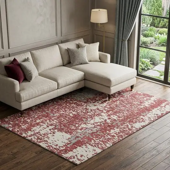 Burgundy Ivory And Gray Abstract Washable Area Rug With UV Protection Photo 1