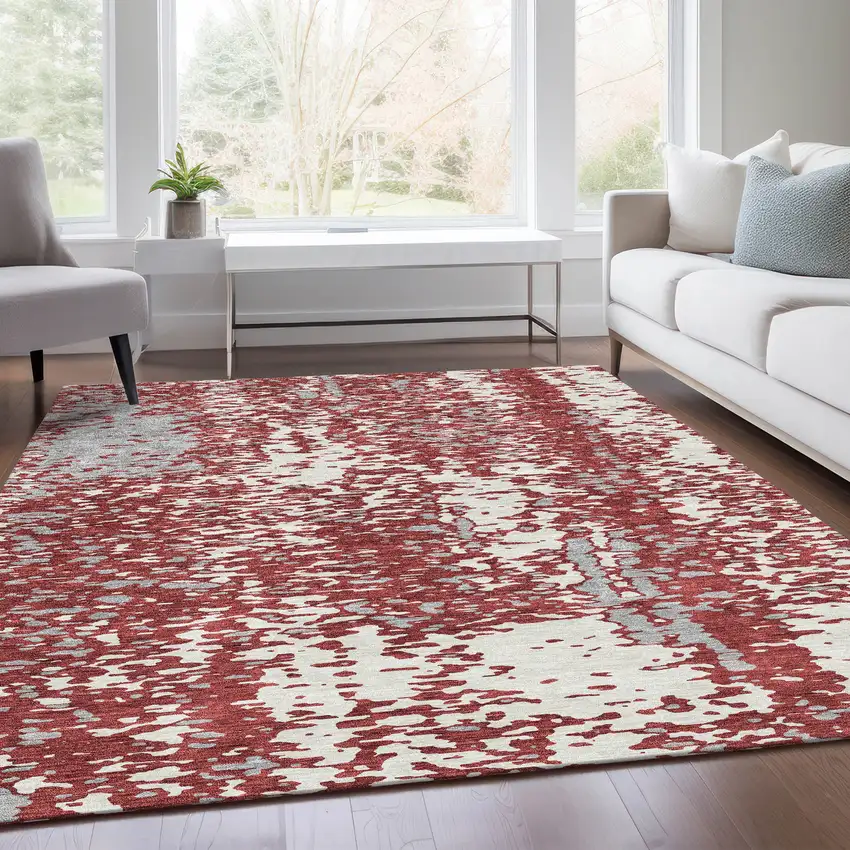 Burgundy Ivory And Gray Abstract Washable Area Rug With UV Protection Photo 5