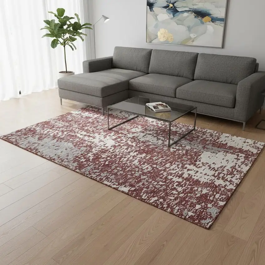 Burgundy Ivory And Gray Abstract Washable Area Rug With UV Protection Photo 2