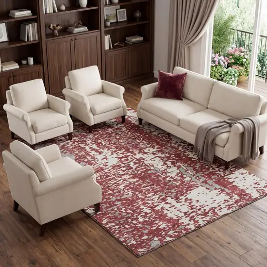 Burgundy Ivory And Gray Abstract Washable Area Rug With UV Protection Photo 1