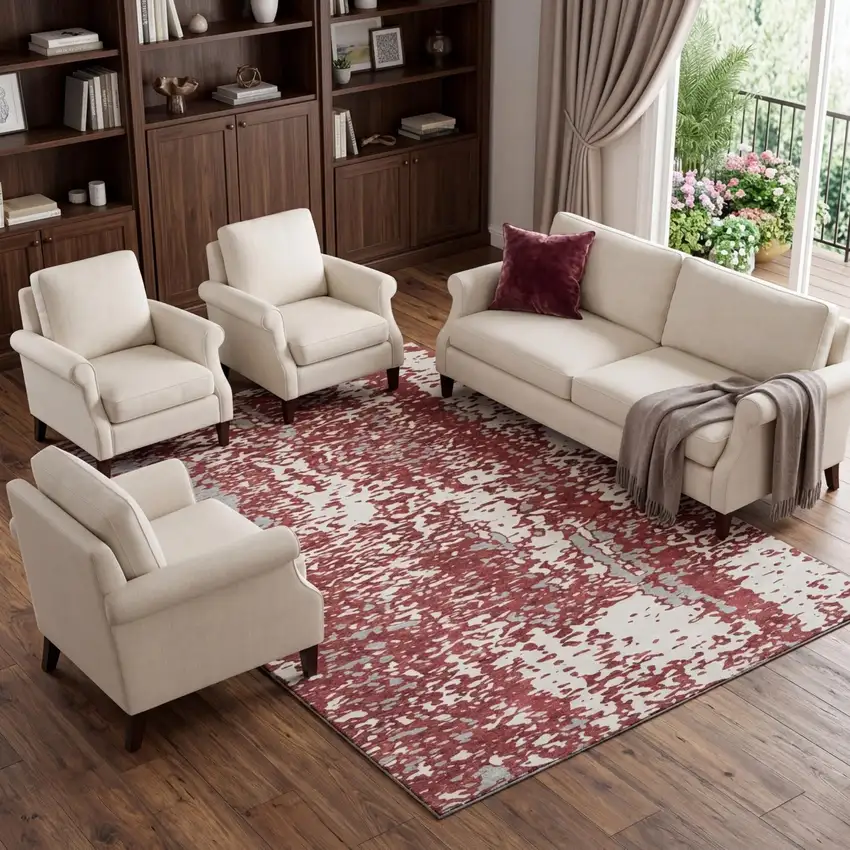 Burgundy Ivory And Gray Abstract Washable Area Rug With UV Protection Photo 1