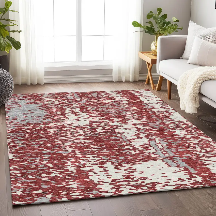 Burgundy Ivory And Gray Abstract Washable Area Rug With UV Protection Photo 3