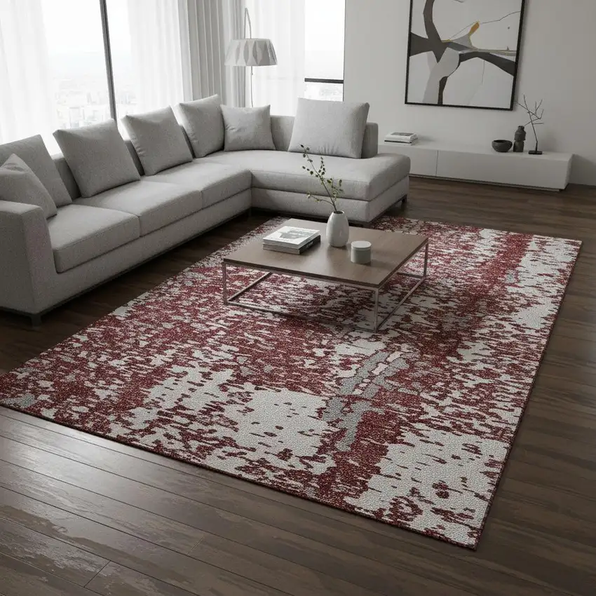 Burgundy Ivory And Gray Abstract Washable Area Rug With UV Protection Photo 2
