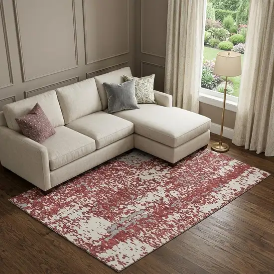 Burgundy Ivory And Gray Abstract Washable Area Rug With UV Protection Photo 1