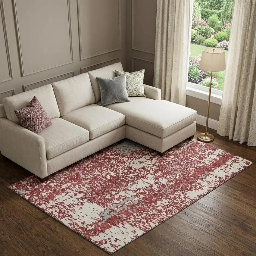 Burgundy Ivory And Gray Abstract Washable Area Rug With UV Protection Photo 1