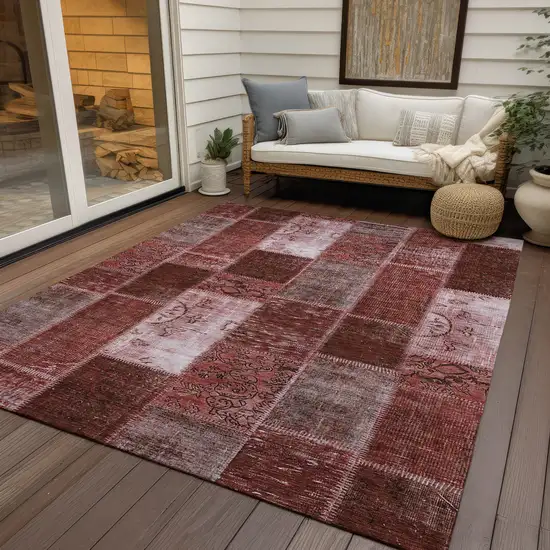 Burgundy Merlot And Blush Patchwork Washable Indoor Outdoor Area Rug Photo 7