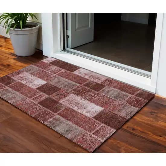 Burgundy Merlot And Blush Patchwork Washable Indoor Outdoor Area Rug Photo 2