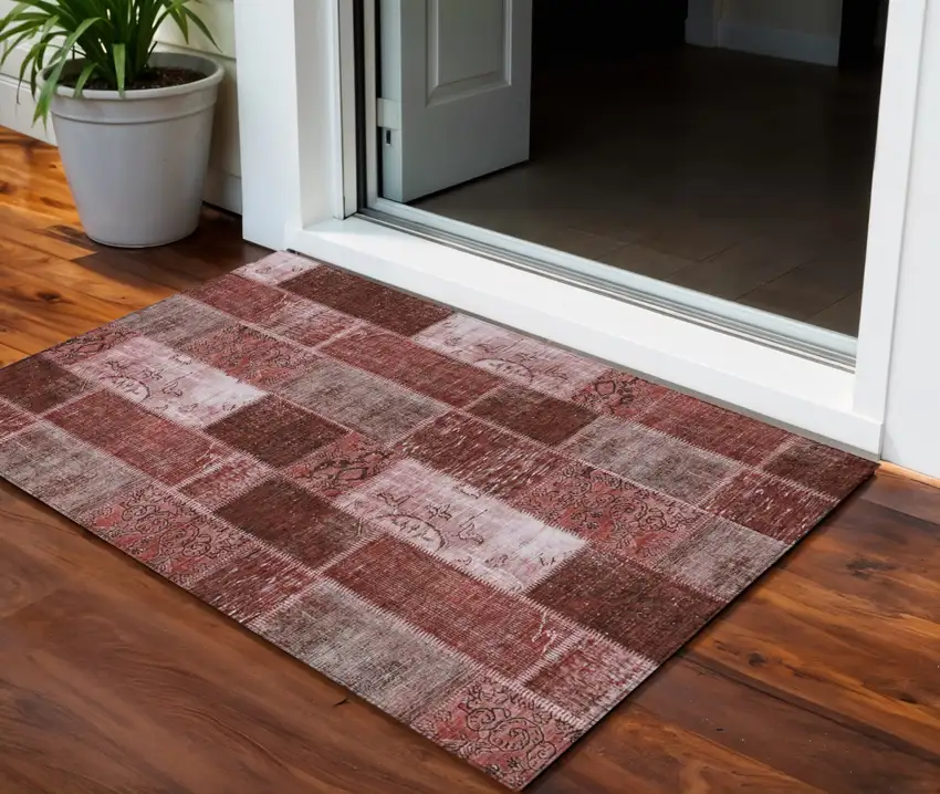 Burgundy Merlot And Blush Patchwork Washable Indoor Outdoor Area Rug Photo 1