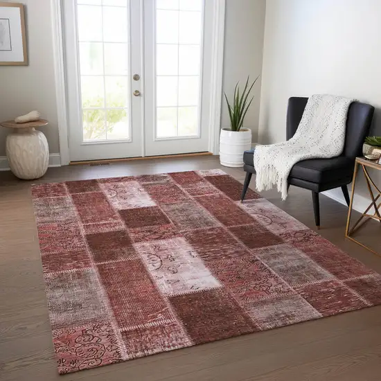 Burgundy Merlot And Blush Patchwork Washable Indoor Outdoor Area Rug Photo 8