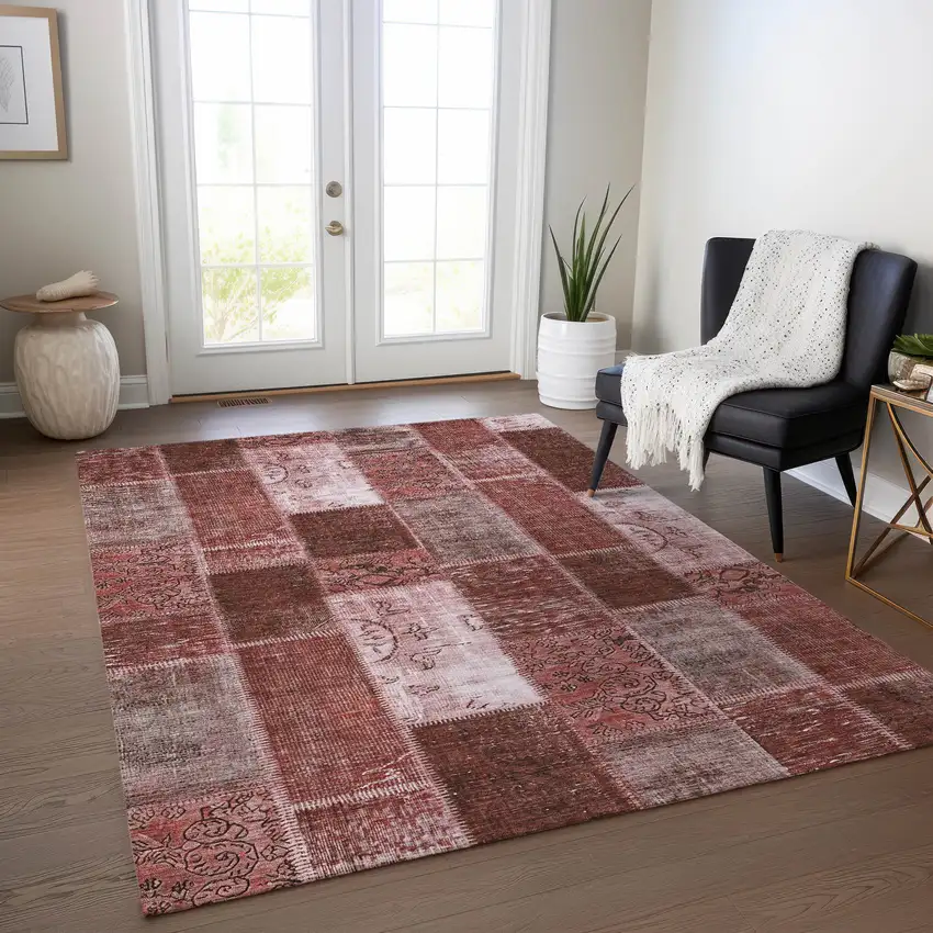Burgundy Merlot And Blush Patchwork Washable Indoor Outdoor Area Rug Photo 8