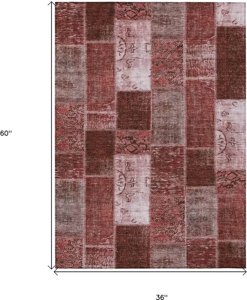 Burgundy Merlot And Blush Patchwork Washable Indoor Outdoor Area Rug Photo 3