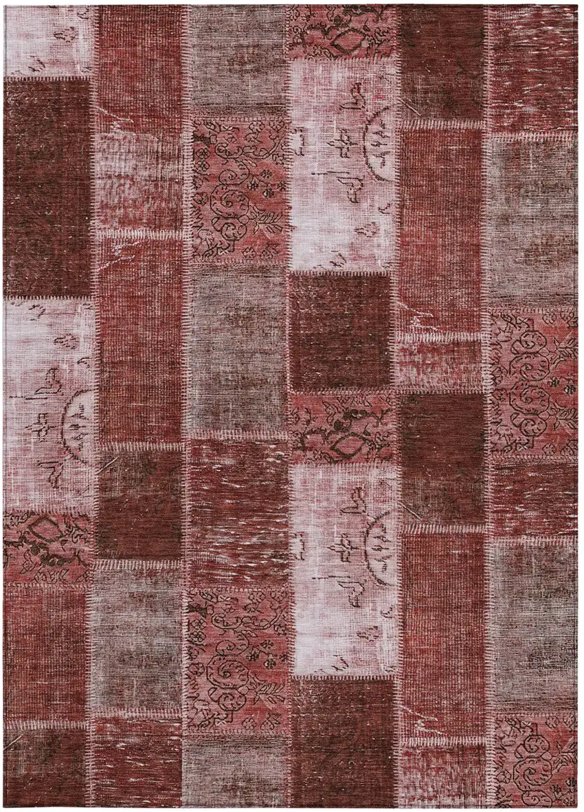 Burgundy Merlot And Blush Patchwork Washable Indoor Outdoor Area Rug Photo 5