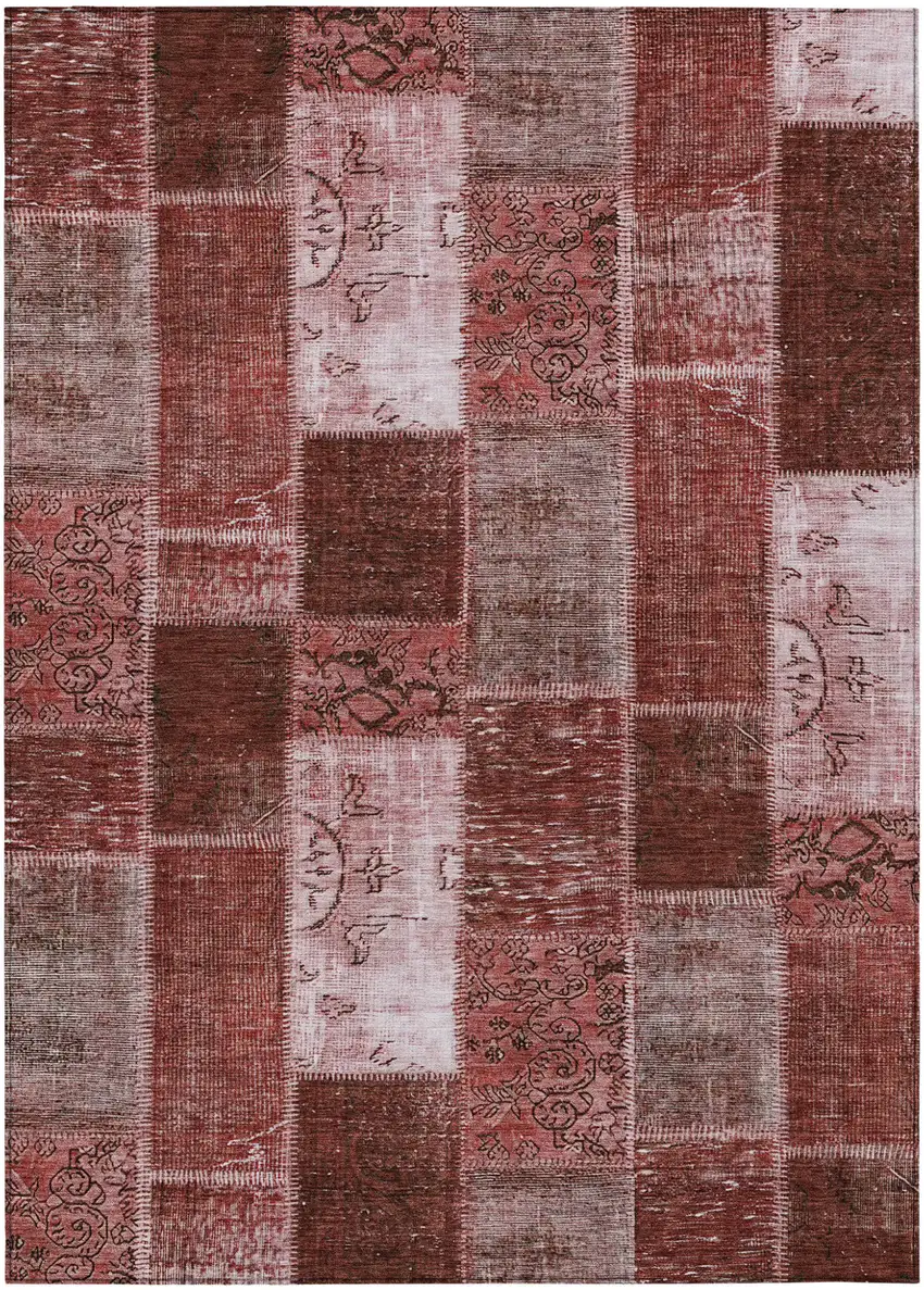 Burgundy Merlot And Blush Patchwork Washable Indoor Outdoor Area Rug Photo 1