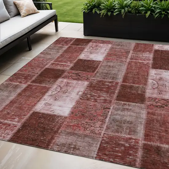 Burgundy Merlot And Blush Patchwork Washable Indoor Outdoor Area Rug Photo 1