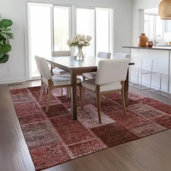 Burgundy Merlot And Blush Patchwork Washable Indoor Outdoor Area Rug Photo 8