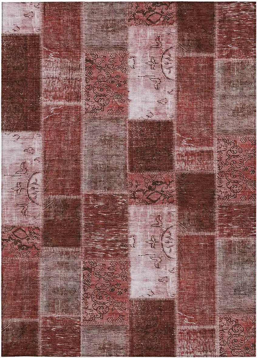 Burgundy Merlot And Blush Patchwork Washable Indoor Outdoor Area Rug Photo 5