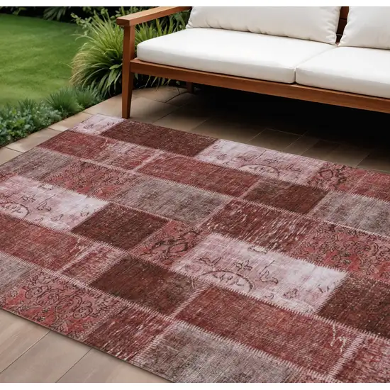 Burgundy Merlot And Blush Patchwork Washable Indoor Outdoor Area Rug Photo 1