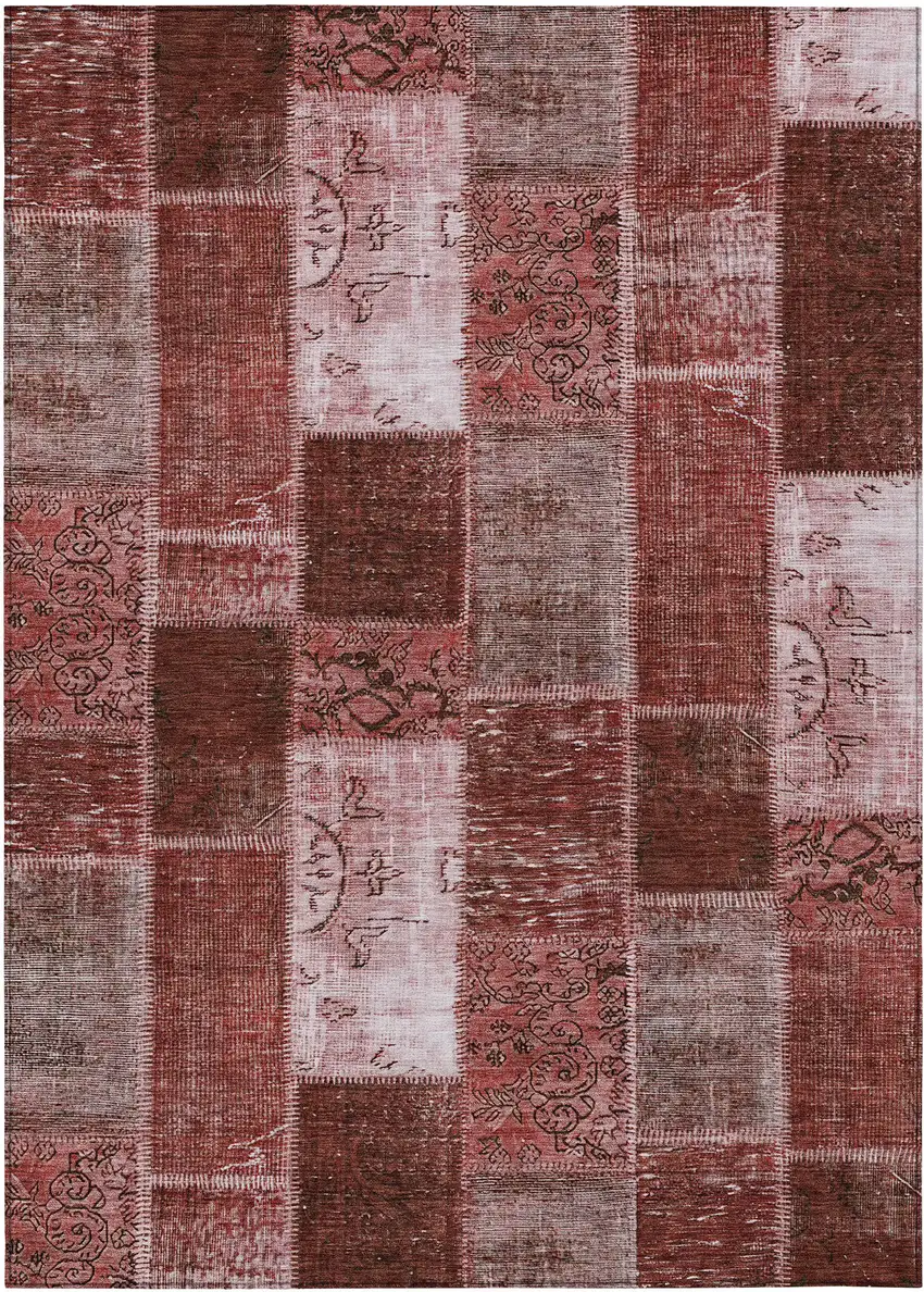 Burgundy Merlot And Blush Patchwork Washable Indoor Outdoor Area Rug Photo 1