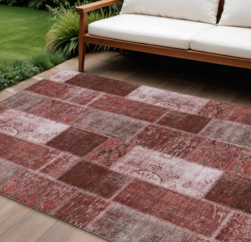 Burgundy Merlot And Blush Patchwork Washable Indoor Outdoor Area Rug Photo 1