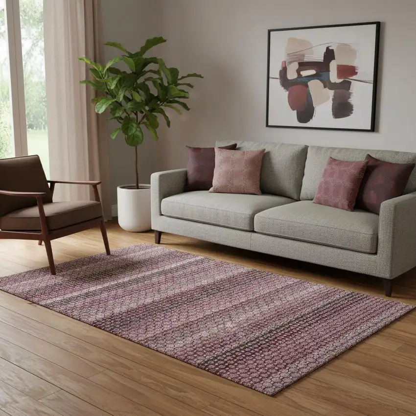 Burgundy Merlot And Pink Striped Washable Area Rug With UV Protection Photo 2