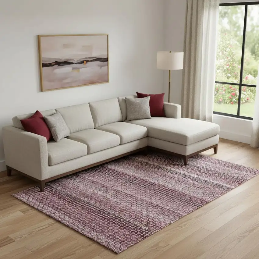 Burgundy Merlot And Pink Striped Washable Area Rug With UV Protection Photo 2