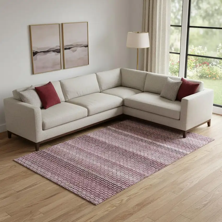 Burgundy Merlot And Pink Striped Washable Area Rug With UV Protection Photo 2