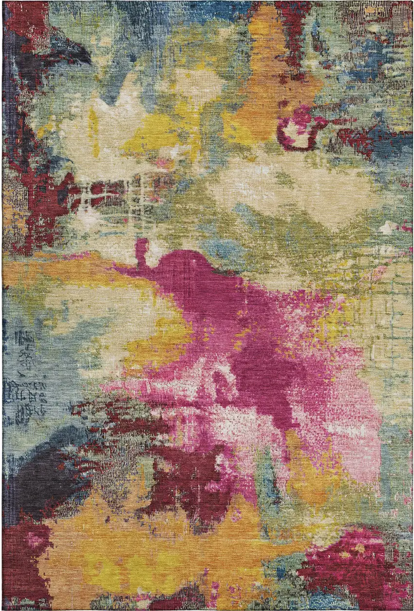 Burgundy Pink And Blue Abstract Washable Area Rug With UV Protection Photo 3