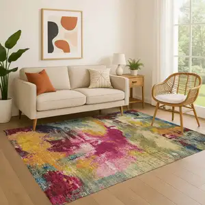 Photo of Burgundy Pink And Blue Abstract Washable Area Rug With UV Protection