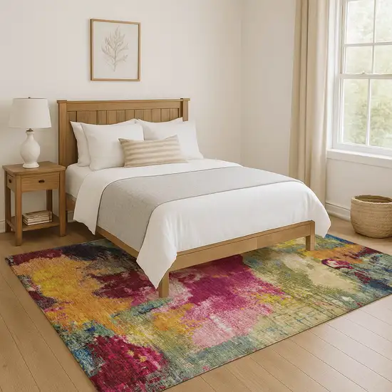 Burgundy Pink And Blue Abstract Washable Area Rug With UV Protection Photo 1