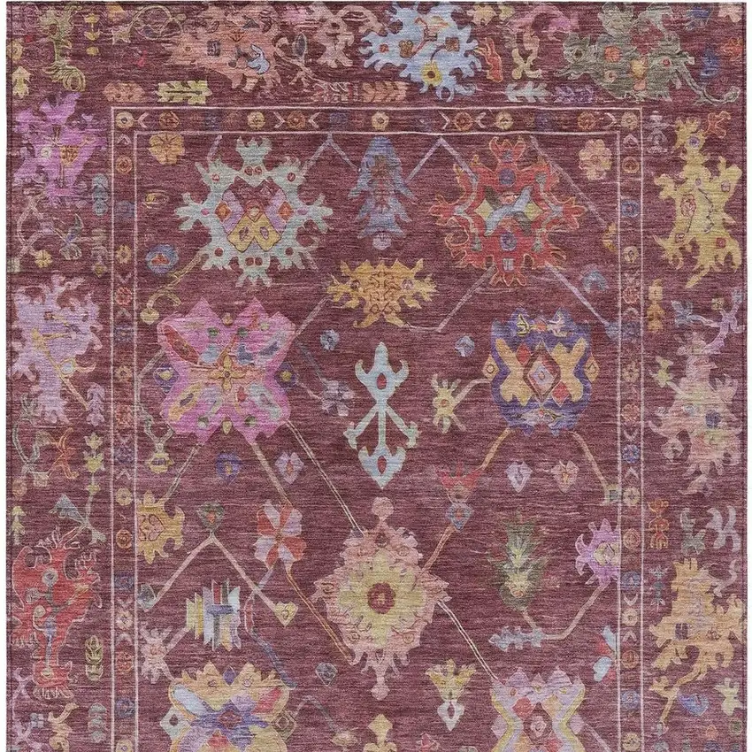 Burgundy Pink And Blue Floral Washable Indoor Outdoor Area Rug Photo 5