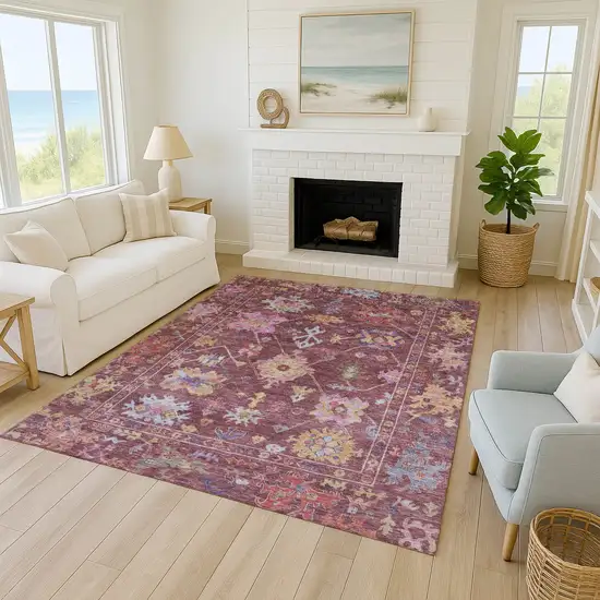 Burgundy Pink And Blue Floral Washable Indoor Outdoor Area Rug Photo 9
