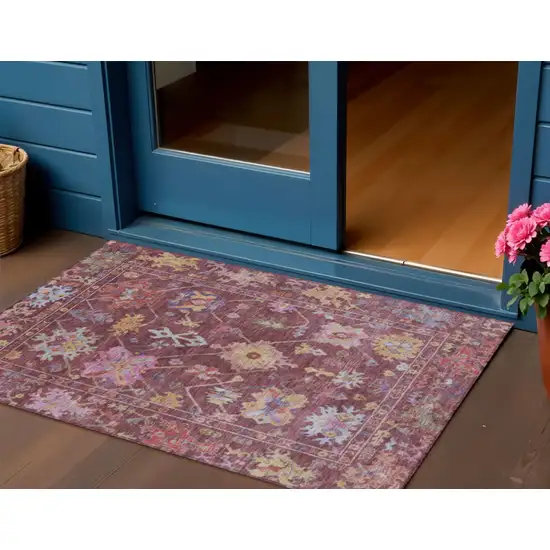 Burgundy Pink And Blue Floral Washable Indoor Outdoor Area Rug Photo 1