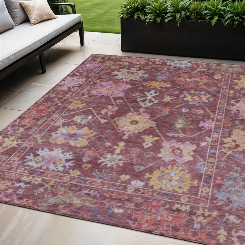 Burgundy Pink And Blue Floral Washable Indoor Outdoor Area Rug Photo 1