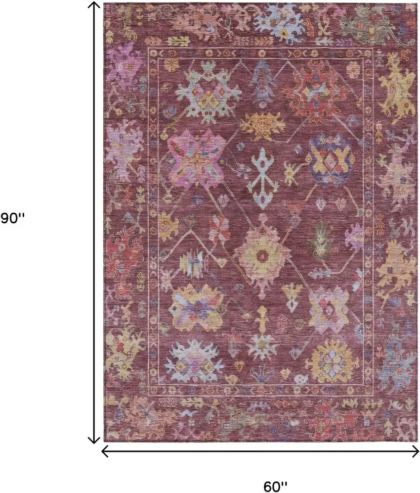 Burgundy Pink And Blue Floral Washable Indoor Outdoor Area Rug Photo 3