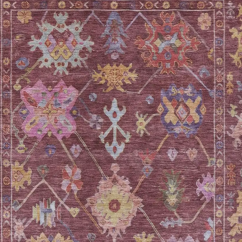 Burgundy Pink And Blue Floral Washable Indoor Outdoor Area Rug Photo 3