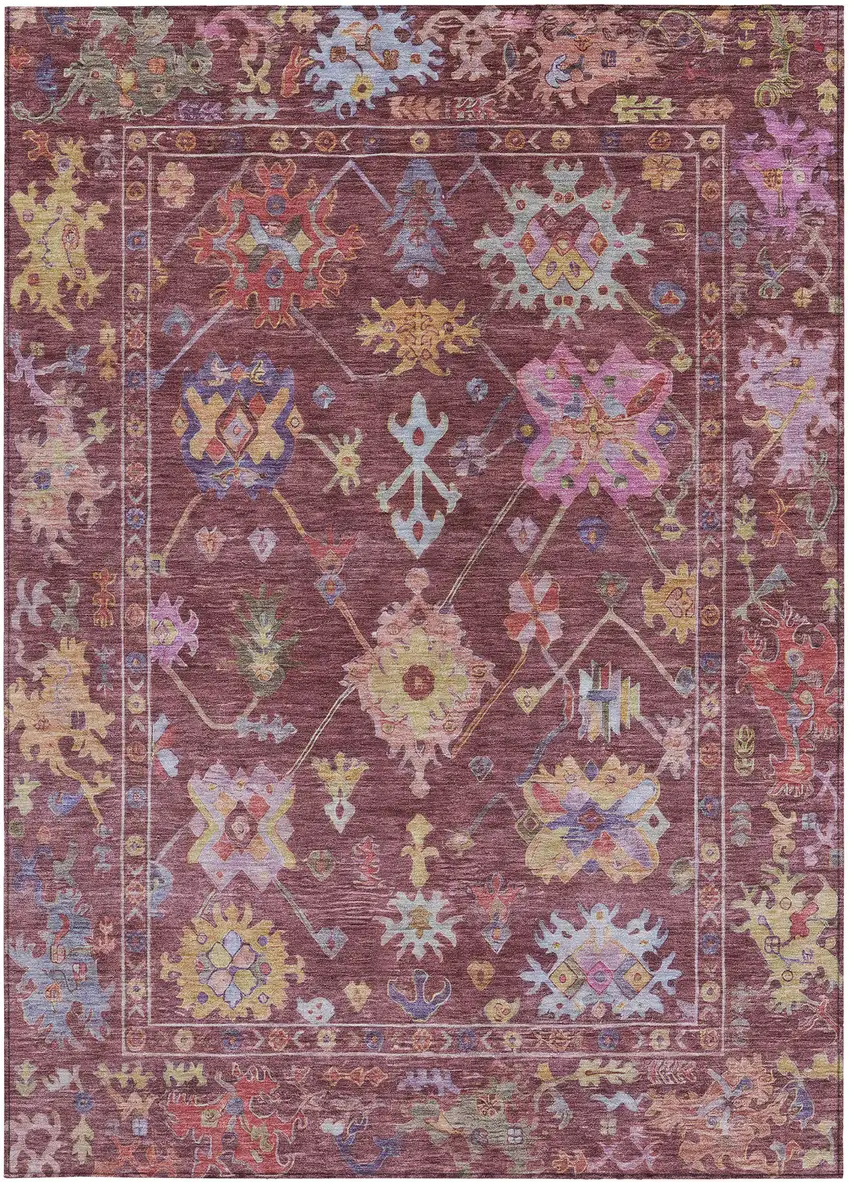 Burgundy Pink And Blue Floral Washable Indoor Outdoor Area Rug Photo 4