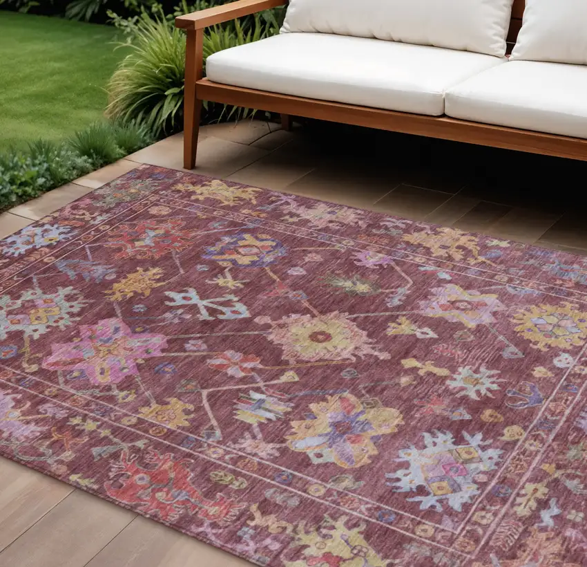 Burgundy Pink And Blue Floral Washable Indoor Outdoor Area Rug Photo 1