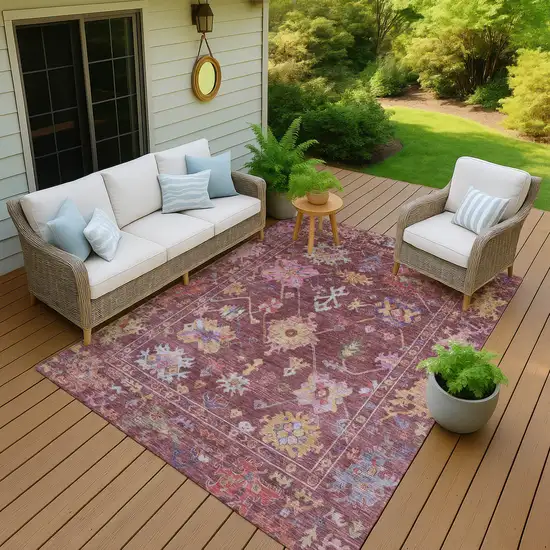 Burgundy Pink And Blue Floral Washable Indoor Outdoor Area Rug Photo 7