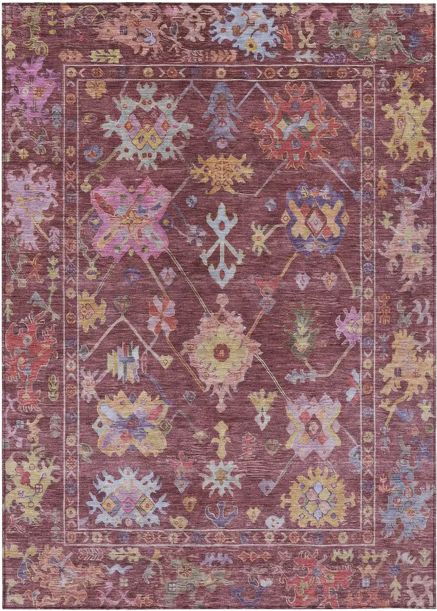 Burgundy Pink And Blue Floral Washable Indoor Outdoor Area Rug Photo 2