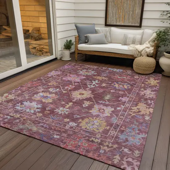 Burgundy Pink And Blue Floral Washable Indoor Outdoor Area Rug Photo 9