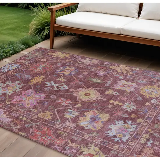Burgundy Pink And Blue Floral Washable Indoor Outdoor Area Rug Photo 1