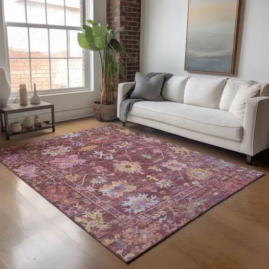 Burgundy Pink And Blue Floral Washable Indoor Outdoor Area Rug Photo 9
