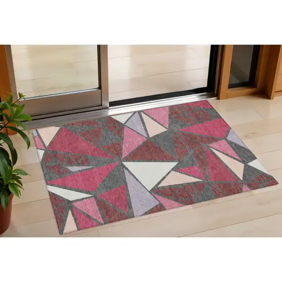 Burgundy Pink And Charcoal Geometric Washable Indoor Outdoor Area Rug Photo 1