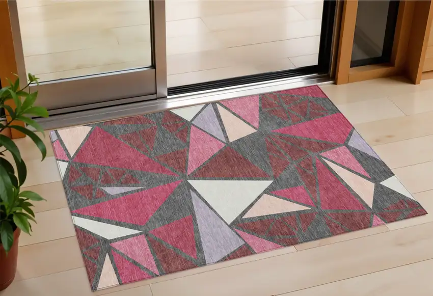 Burgundy Pink And Charcoal Geometric Washable Indoor Outdoor Area Rug Photo 1