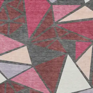 Photo of Burgundy Pink And Charcoal Geometric Washable Indoor Outdoor Area Rug